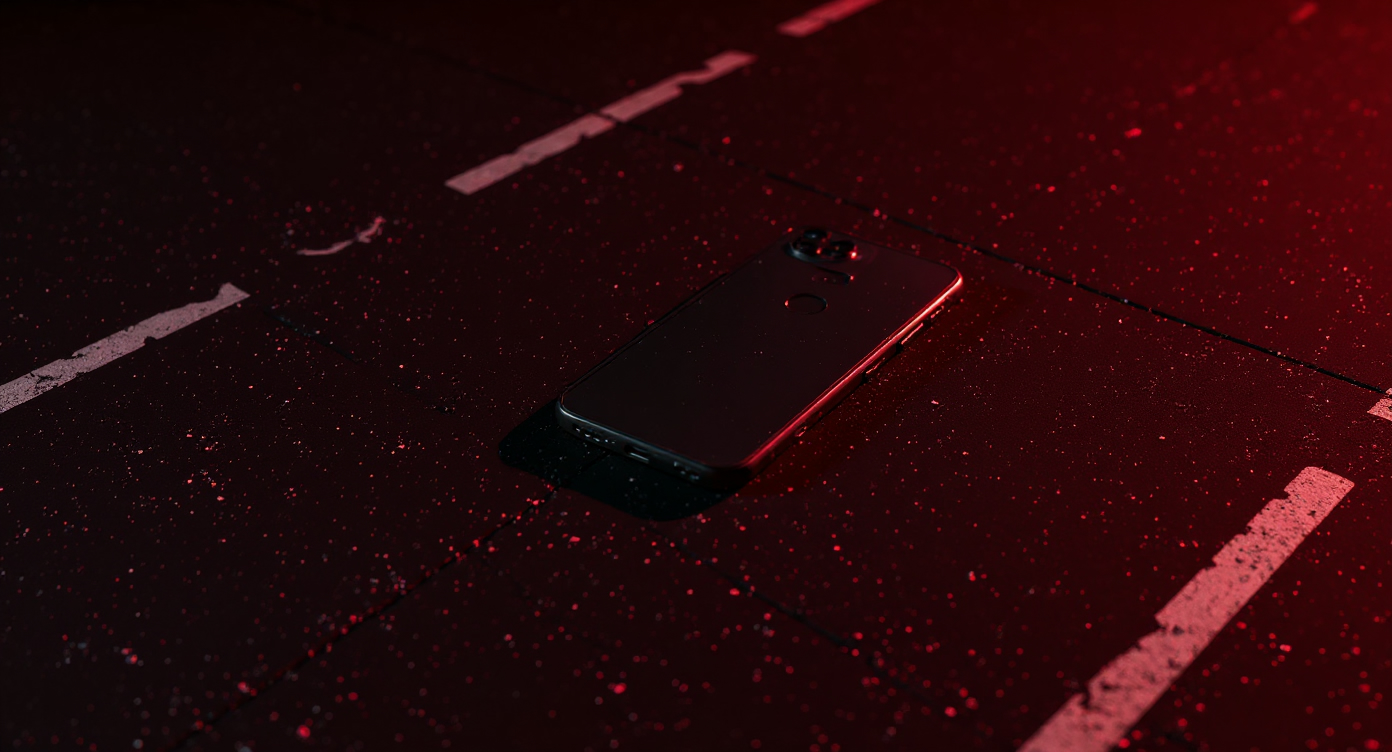 A smartphone lying face-down on a dark gym floor in red light